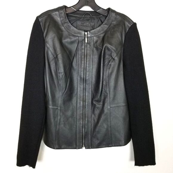 Jaclyn Smith Women Zip Up Leather Knit Mixed Media Jacket Sz L Black - Picture 1 of 8